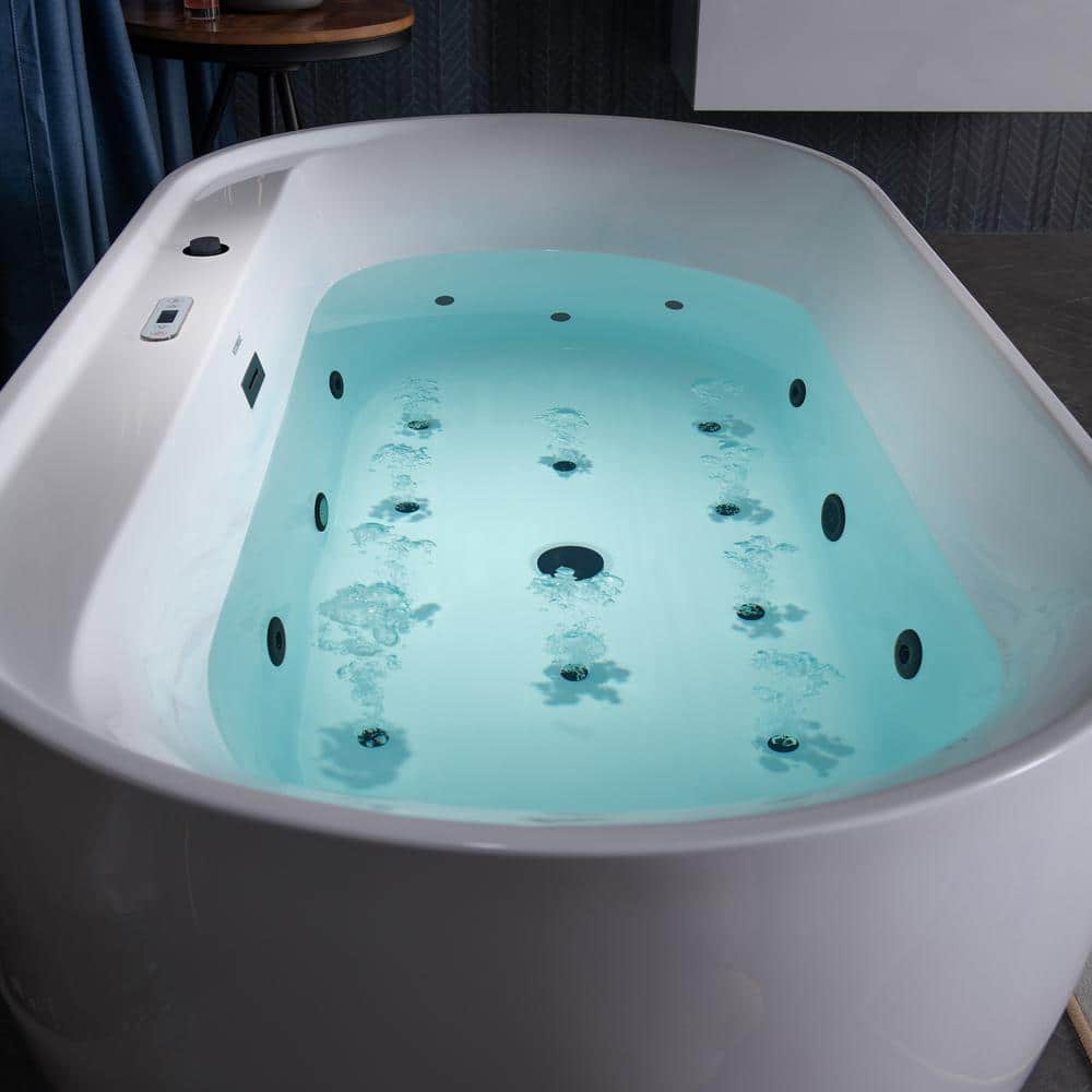 72" White Acrylic Freestanding Whirlpool Tub with Matte Black Trim