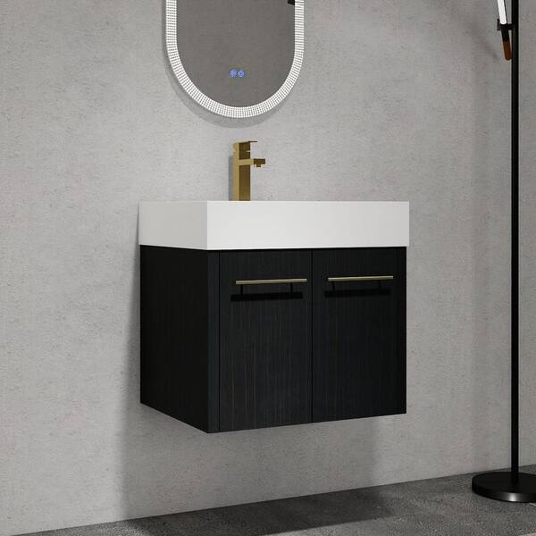 FAMYYT 24 in. W x 18.1 in. D x 22.4 in. H Single Sink Floating Bath Vanity in Black with White Thick Edged Resin Top and Basin