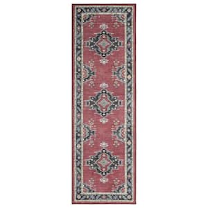 Eden Collection Heriz Medallion Red 2 ft. x 7 ft. Machine Washable Traditional Indoor Area Rug