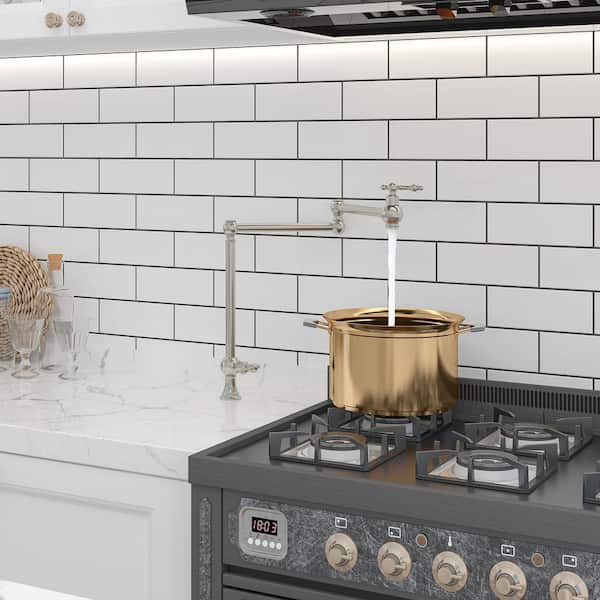 Residential Deck Mount Folding Pot Filler Kitchen Faucet with Extended Swinging Joints and Dual Handle in Brushed Nickel