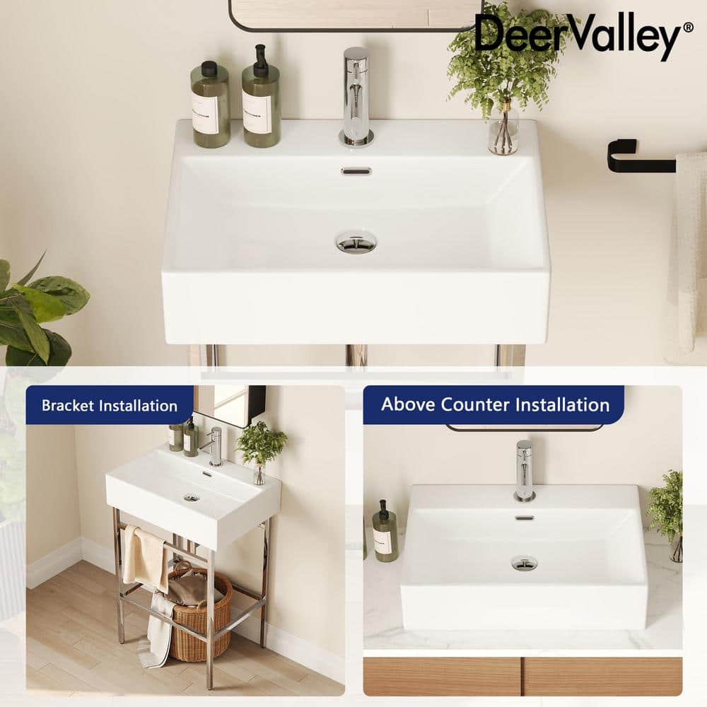 Silver Ceramic Wall-Mount Console Bathroom Sink with Stainless Steel Bracket