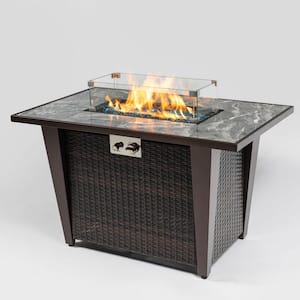 42 in. Brown Rattan Fire Pit Table with Ceramic Tile Tabletop, Glass Wind Guard and Rain Cover