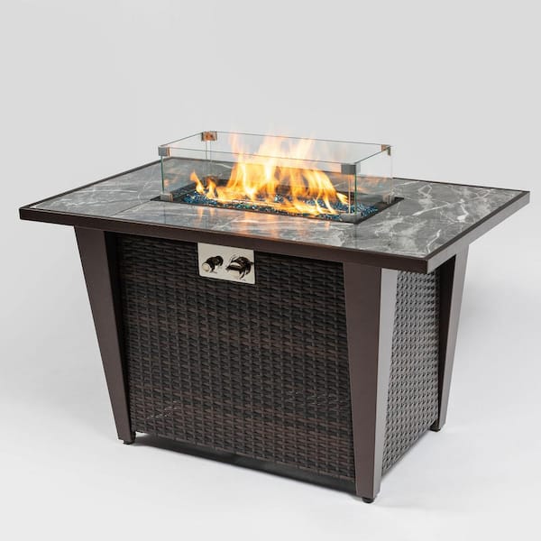 maocao hoom 42 in. Brown Rattan Fire Pit Table with Ceramic Tile Tabletop, Glass Wind Guard and Rain Cover