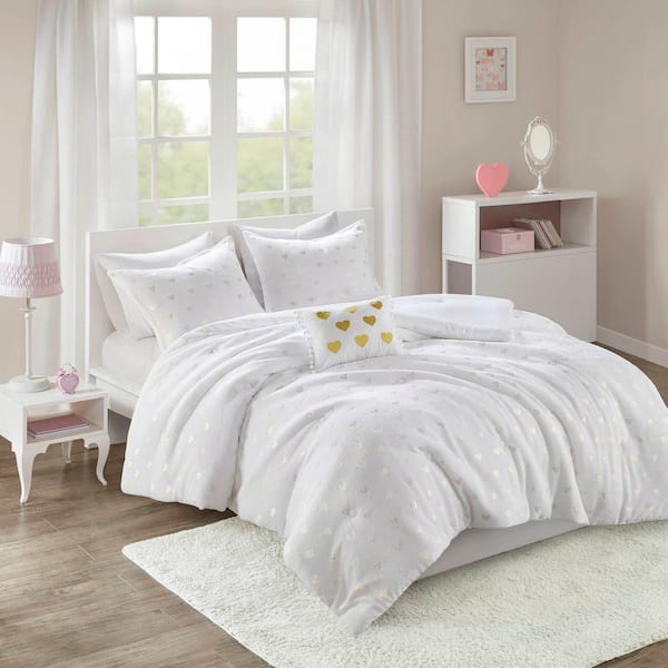 Intelligent Design Jenna 3-Piece White/Gold Microfiber Twin/Twin XL Metallic Printed Plush Comforter Set with Throw Pillow