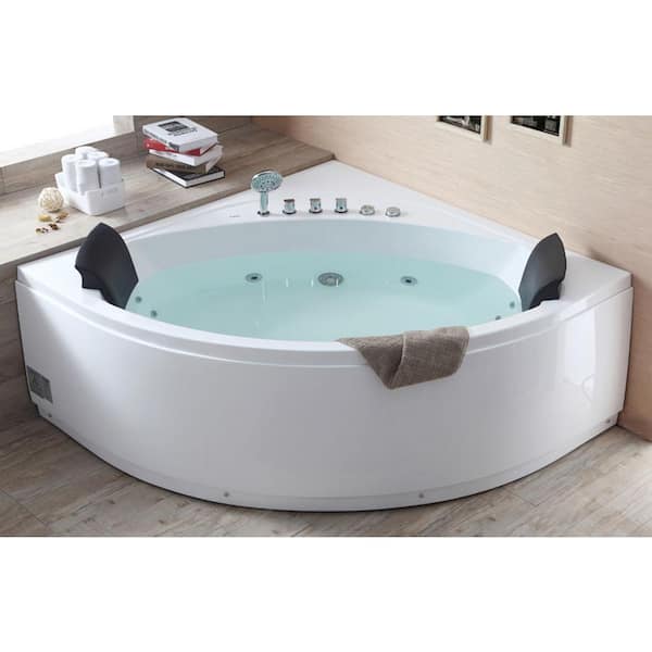 EAGO 59 in. Acrylic Offset Drain Corner Apron Front Whirlpool Bathtub in White