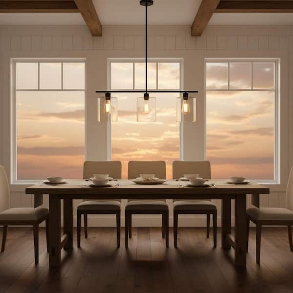 3- -Light Matte Black Island Pendant with Clear Glass Shades