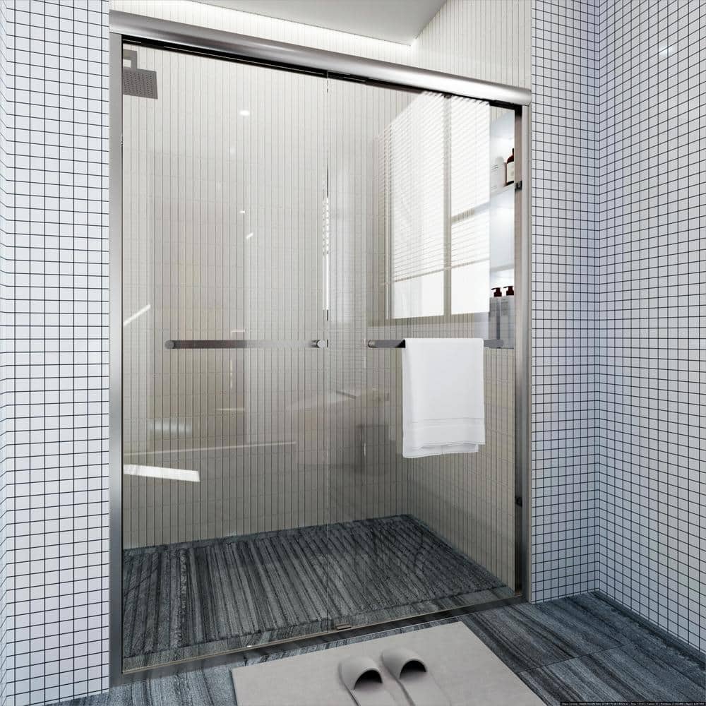 Nickel Framed Double Sliding Shower Door with Clear Glass Panels