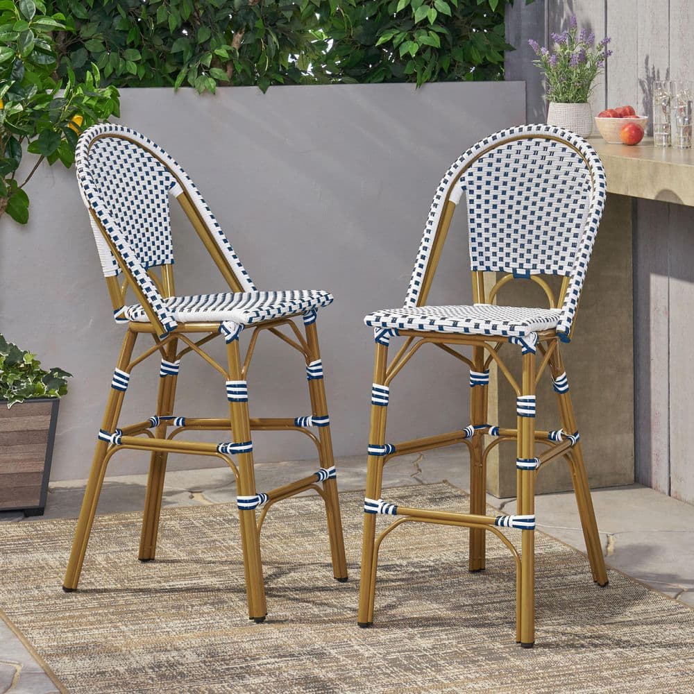 CHRISTOPHER KNIGHT HOME Gallia French Patio Bamboo Finish Aluminium and PE Rattan Woven Outdoor Bar Stools, White Plus Blue, (Set of 2)