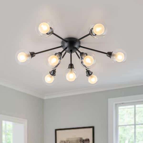 Luna 9-Light 27.6 in. Sputnik Ceiling Light Modern Black Semi Flush Mount Chandelier with Clear and Frosted Glass Globes