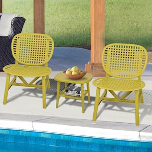 Yellow 3-Piece Hollow Design Plastic Patio Conversation Bistro Set with Open Shelf and Lounge Chairs with Widened Seat