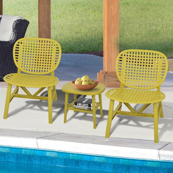 Unbranded Yellow 3-Piece Hollow Design Plastic Patio Conversation Bistro Set with Open Shelf and Lounge Chairs with Widened Seat