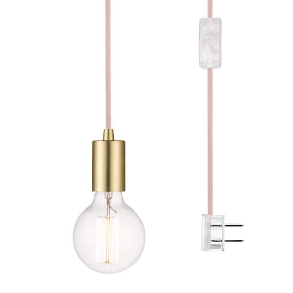 Novogratz x Globe Electric Emile 1-Light Brass Plug-In Exposed Socket Pendant with 15 ft. Pink Cloth Cord and In-Line On/Off Rocker Switch