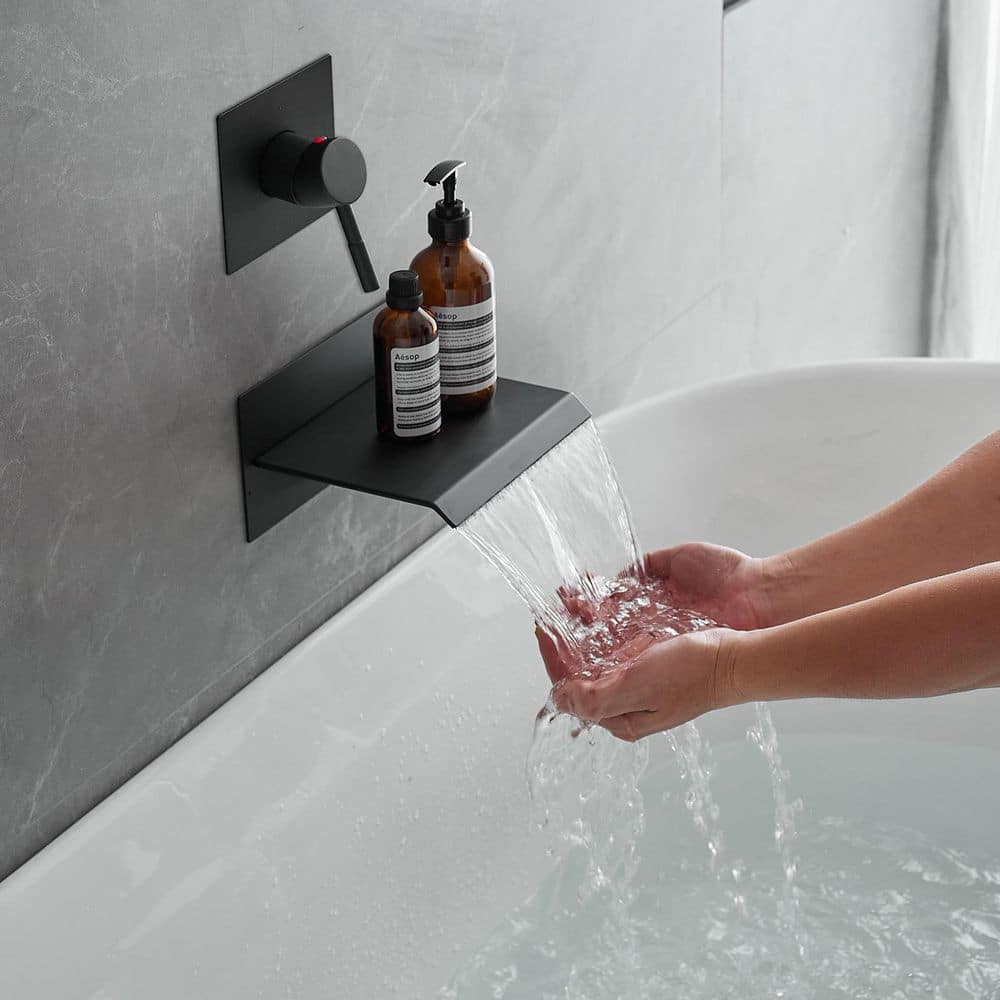Matte Black Wall-Mount Waterfall Tub Faucet with Lever Handle