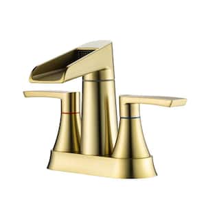 Centerset Double Handle Waterfall Spout Type Bathroom Faucet with Deckplate Included and Rotating Head in Brushed Gold