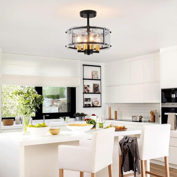 20.66 in. Modern Drum Matte Black and Gold 4-Light Semi-Flush Mount Light for Living Room with Clear Glass Shades