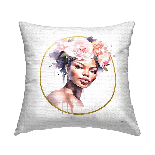 Stupell Industries Girl with Roses Portrait Brown Square Outdoor Throw Pillow