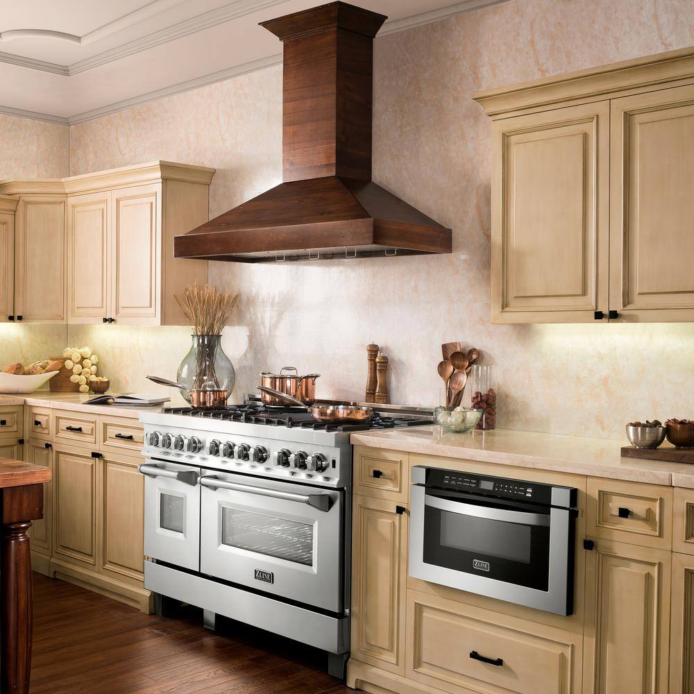 36" Distressed Walnut and Stainless Steel Wall Mounted Range Hood