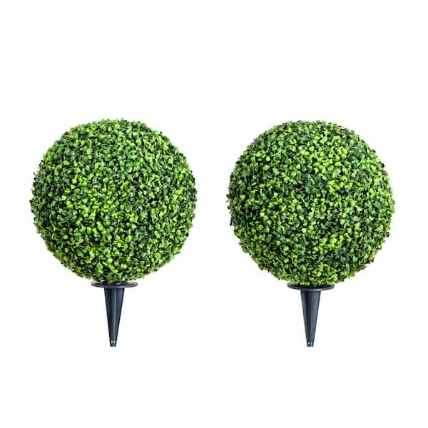 Nearly Natural 14 in. Artificial Boxwood Ball Topiary with Integrated Ground Stake UV resistant (Indoor/Outdoor) - (Set of 2)