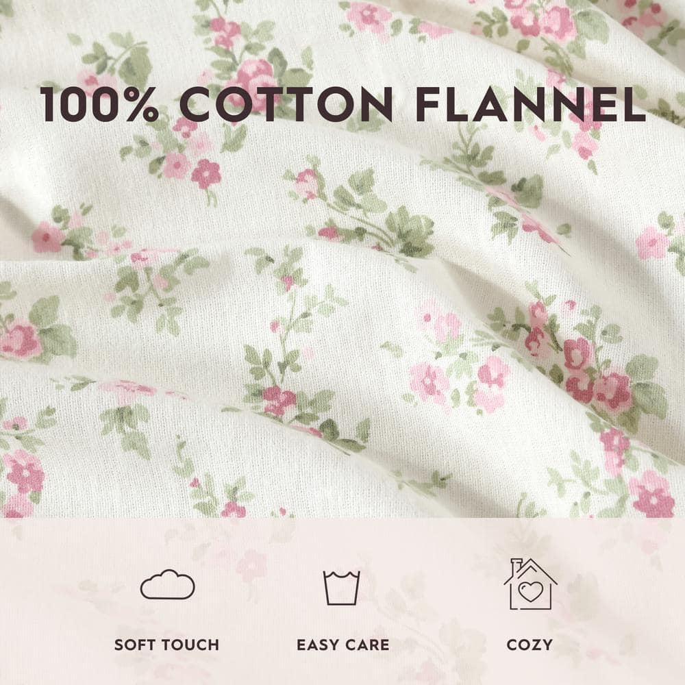 Audrey Pink Floral Cotton Flannel King Sheet Set