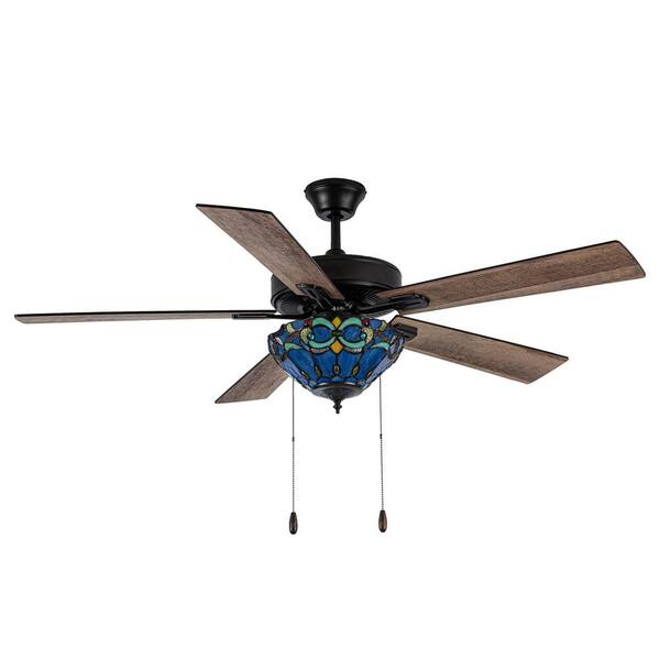 Seraphina 52 in. Blue Stained Glass Ceiling Mounted Indoor Ceiling Fan with Dimmable Light Kit and Remote Control