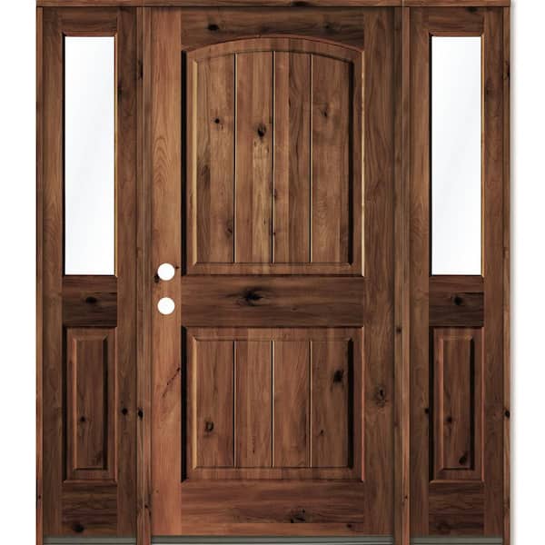 Krosswood Doors 58 in. x 80 in. Rustic Knotty Alder Arch Red Mahogany Stained Wood with V-Groove Right Hand Single Prehung Front Door
