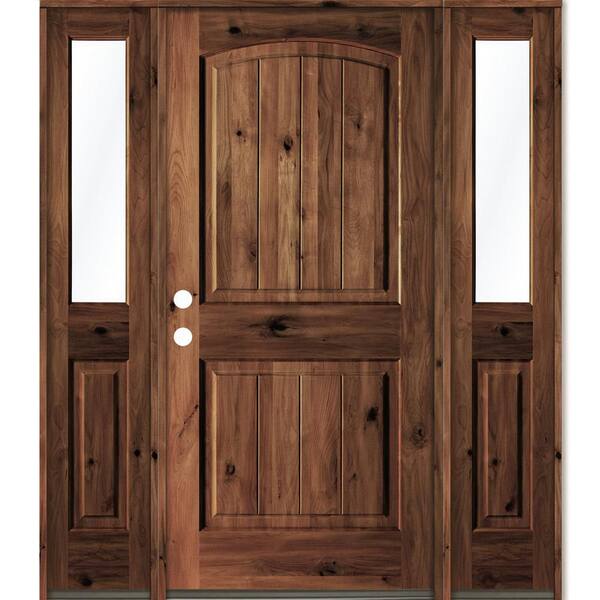 Krosswood Doors 64 in. x 80 in. Rustic Alder Arch Top Red Mahogany Stained Wood with V-Groove Right Hand Single Prehung Front Door