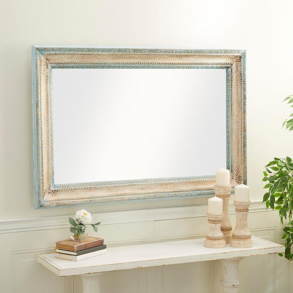 Litton Lane 48 in. x 32 in. Carved Rectangle Framed White Floral Wall Mirror