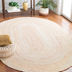 Braided Beige Doormat 3 ft. x 5 ft. Solid Color Striped Oval Area Rug