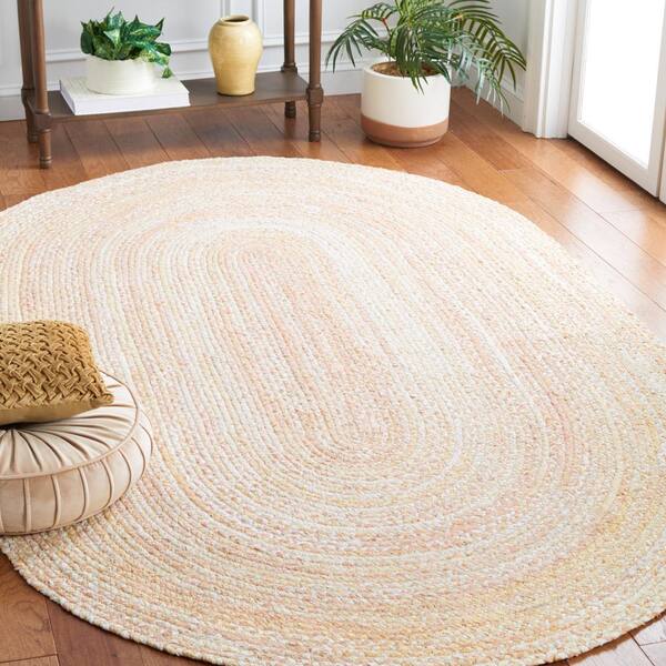 Braided Beige Doormat 3 ft. x 5 ft. Solid Color Striped Oval Area Rug