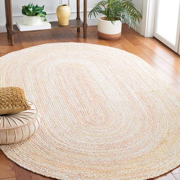 Braided 6 ft. x 8 ft. Oval Beige Solid Color Striped Area Rug