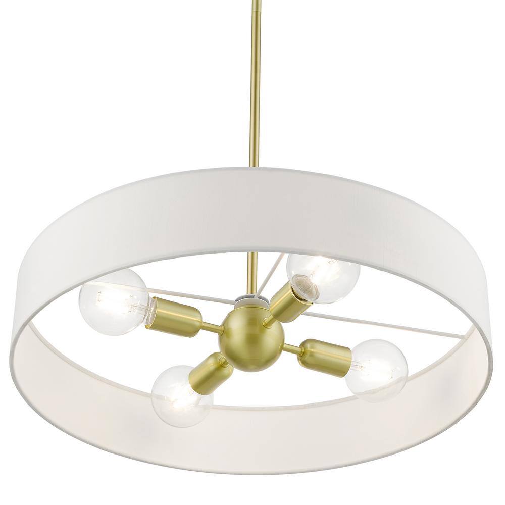 Satin Brass 22" Drum Pendant with Off-White Fabric Shade