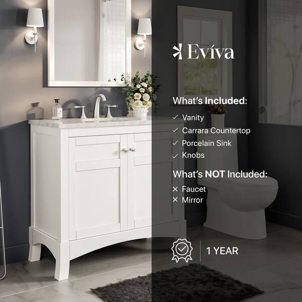 Eviva New York 30 in. W x 22 in. D x 34 in. H Bathroom Vanity in Gray with White Carrara Marble Top with White Sink
