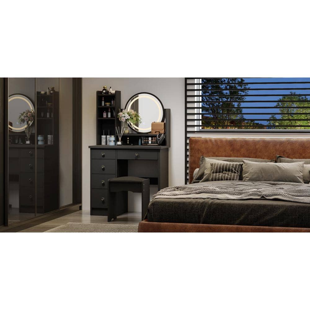 5-Drawers White Wood Makeup Vanity Set Dressing Desk W/ Stool, LED Round Mirror and Storage Shelves 52x 31.5x 15.7 in. - thumbnail 10