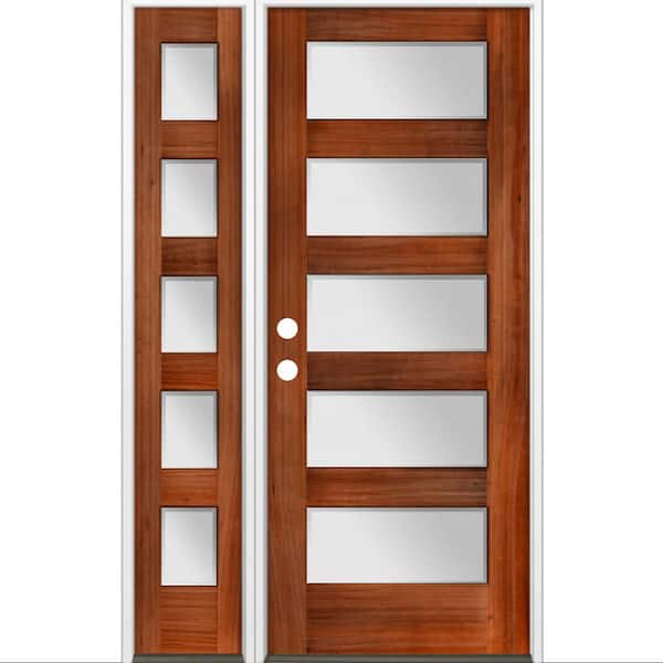 Krosswood Doors 50 in. x 80 in. Modern Hemlock 5-Lite Right-Hand/Inswing Frosted Glass Red Chestnut Stain Wood Prehung Front Door w/ LSL
