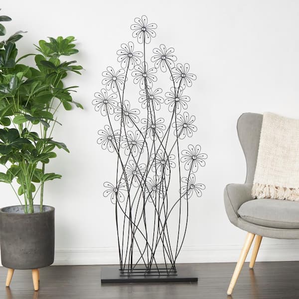 Litton Lane 60 in. Black Metal Tall Floral Sculpture with Crystal Embellishments