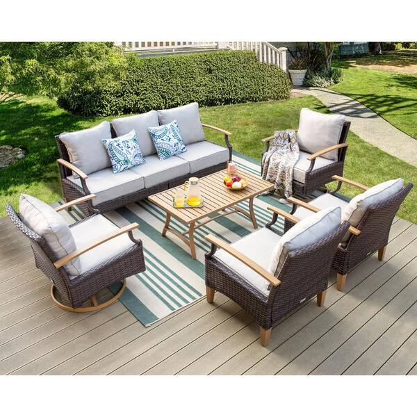 PHI VILLA Metal 7 Seat 6-Piece Rattan Wicker Steel Outdoor Patio Conversation Set With Beige Cushions and Wood-Colored Table