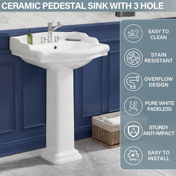23 in. W x 18.9 in. D Pedestal Bathroom Sink Combo White Rectangular Vitreous China Sink w/ Overflow and 3 Faucet Holes