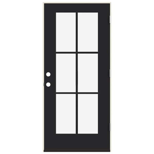 JELD-WEN 36 in. x 80 in. Right-Hand 6 Lite Clear Glass Black Painted Fiberglass Prehung Front Door with Brickmould