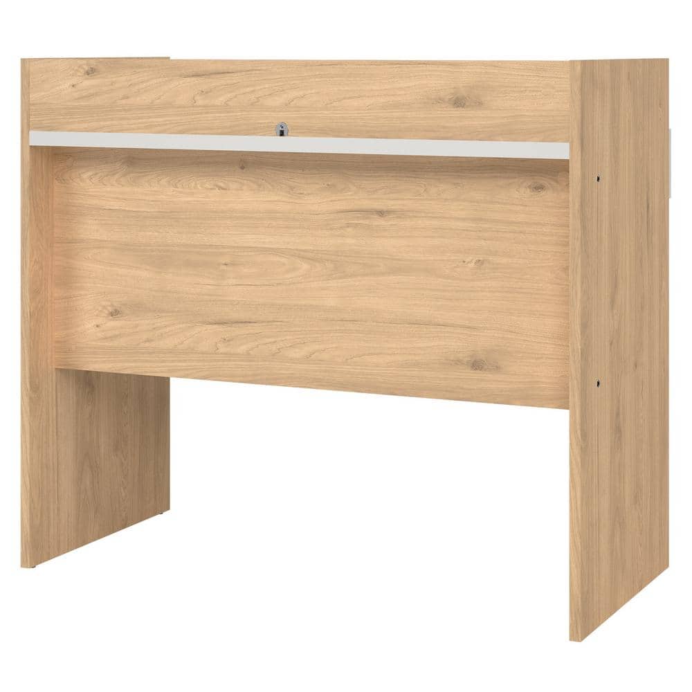 Compact White and Hickory Wood Writing Desk with Drawers