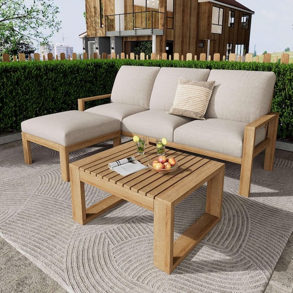 3 Piece Acacia Wood Outdoor Patio Sectional Set with Light Gray Cushions