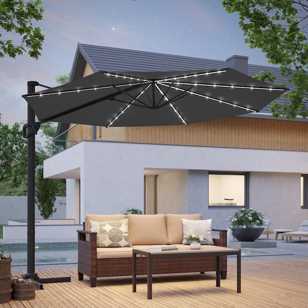Sonkuki 10 ft. Solar-powered Cantilever Patio Umbrella with 360° Rotation and Canopy Angle Adjustment in Anthracite