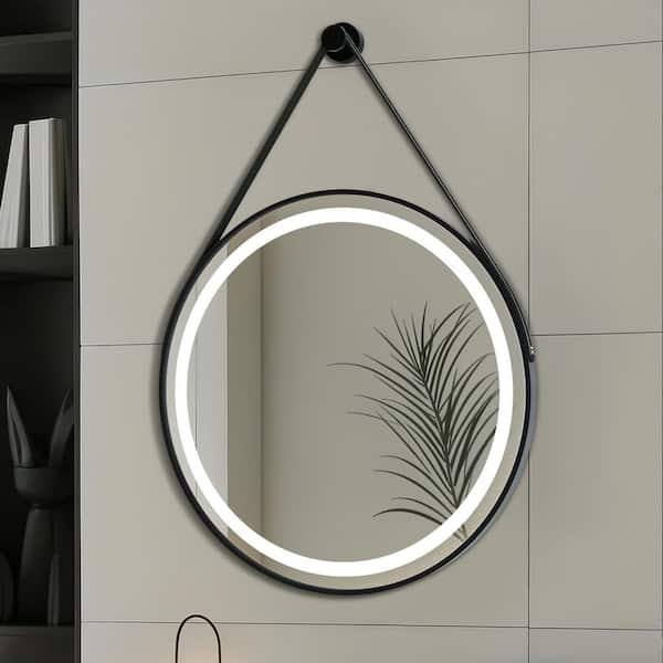 yulika 30 in. W x 30 in. H Dimmable Anti-Fog LED Mirror Wall Vanity Mirror Strap Leather Hanging Mirror for Bathroom