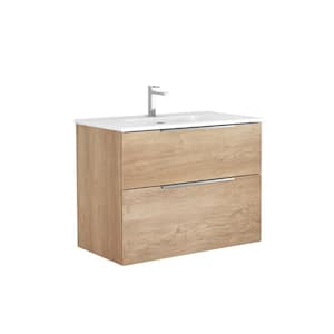 Dalia 32 in. W x 18.1 in. D x 23.8 in. H Single Sink Wall Mounted Bath Vanity in Natural Oak with White Ceramic Top