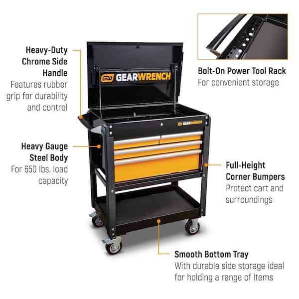GEARWRENCH GSX 33 in. Black and Orange Steel 4-Drawer Utility Cart with Top and Bottom Storage and Optional Powertool Rack