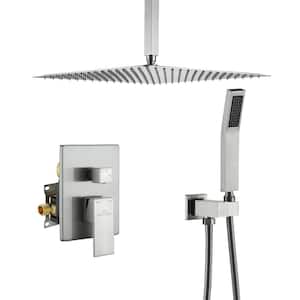 1-Spray Patterns with 2.5 GPM 16 in. Ceiling Mount Dual Shower Heads with Pressure Balance Valve in Brushed Nickel