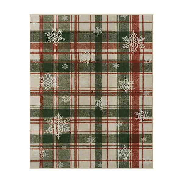 8 ft. x 10 ft. Christmas Farmhouse SnowFlake Rustic Plaid Washable Non Slip Living Room Bedroom Red and Green Area Rug