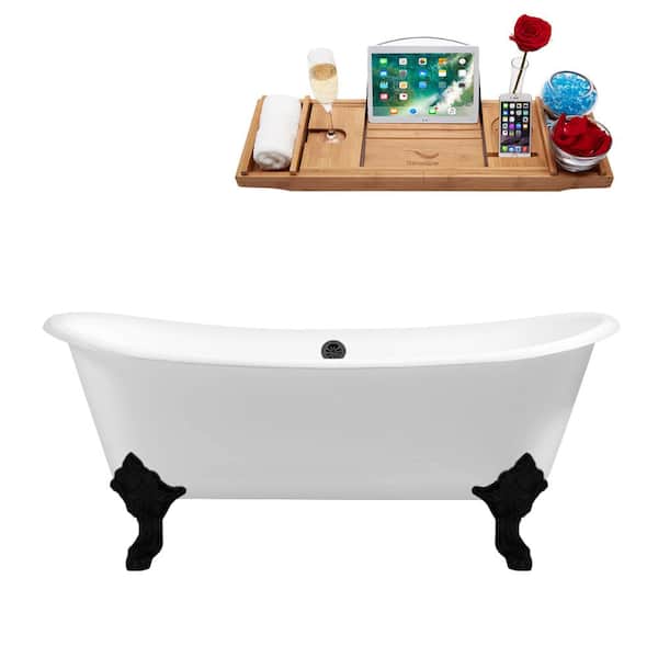 Streamline 72 in. x 31 in. Cast Iron Clawfoot Soaking Bathtub in Glossy White with Matte Black Clawfeet and Matte Black Drain