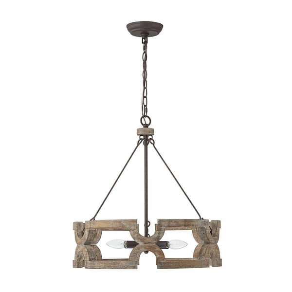HUOKU Vivacity 3-Light Drum-Shaped Retro Wood and Iron Open Cage Chandelier 19.7 in. W Rust Finish Pandant