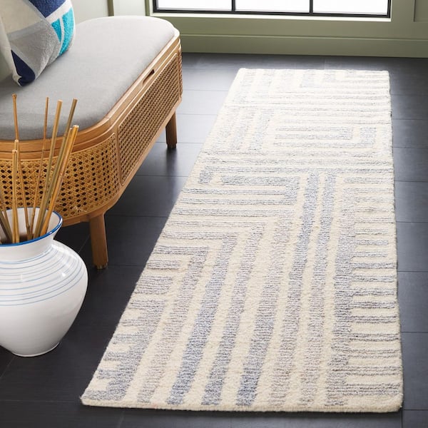 Renewal 2 ft. x 8 ft. Blue/Ivory Geometric Striped Runner Rug