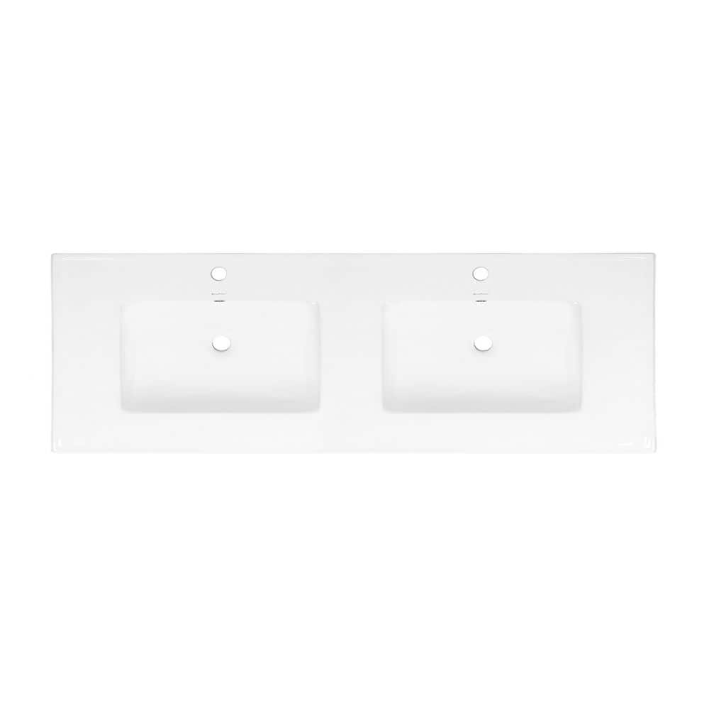 White Ceramic Double Vanity Top Bathroom Sink, 60 Inch